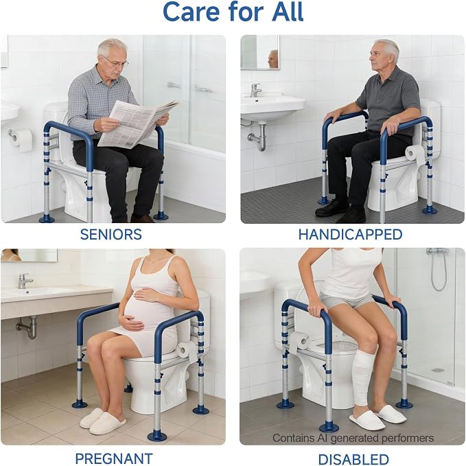 Loyoda Toilet Safety Rail for Seniors, 11.7lbs Steel, Rock-Solid Stability | Height & Width Adjustable,Foldable,Padded Armrests,Wide Non-slip Foot Pads,350 lb Capacity for Pregnant Women & Disabled,Blue