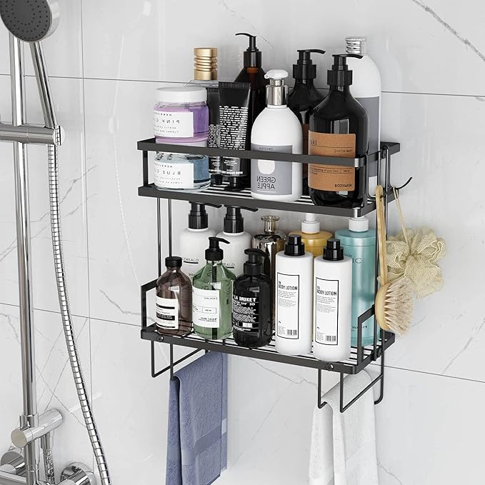 Godboat Bathroom Organizers, 2-Tier Over Toilet Storage, Floating Shelves with 2 Hooks & Paper Holder, Wall Mounted Shelf Furniture, Cool Accessories & Decor, Gifts for Women, Mothers Day (Black)