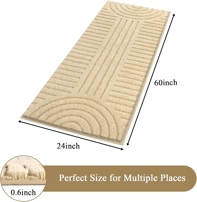 SHACOS Super Soft Bathroom Runner Rugs 24"x60" Non Slip Boho Bath Mats Microfiber Absorbent Carpet for Bath Room Machine Washable Shaggy Bath Rugs for Shower Bathtub Home Decor, Beige 2' x 5'