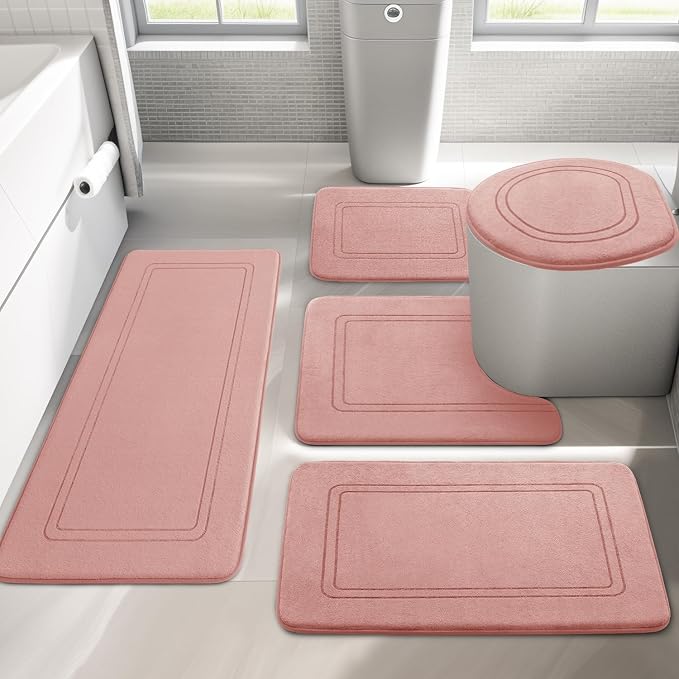 YIHOUSE Pink Memory Foam Bath Mat Set 5 Pieces, Non Slip, Absorbent, Washable, Soft, Comfortable, Rectangular Bathroom Rugs