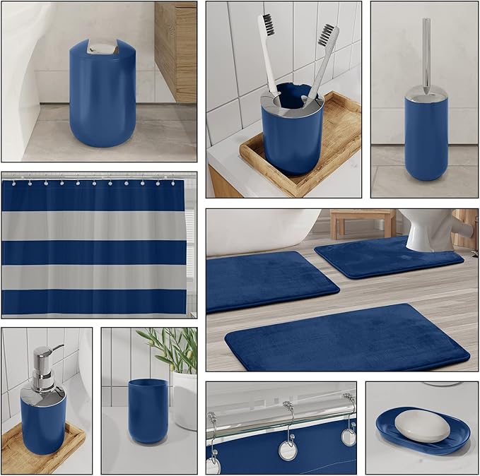 Clara Clark Bathroom Accessories Set - 28PC Bathroom Set with Adhesive Corner Shower Caddy Hanging, Bathroom Sets with Shower Curtain and Rugs, Navy Shower Curtain Set with Bathroom Trash Can