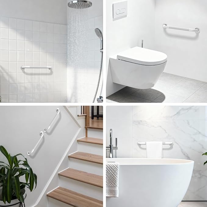 White Grab Bar 24 Inch, iHansee Anti-Slip Bathroom Grab Bar w/Knurled Grip, Stainless Steel Safety Handrail for Toilet Bathtub Shower, Wall Mounted Matte Black Handicap Bars Handle for Senior Elderly