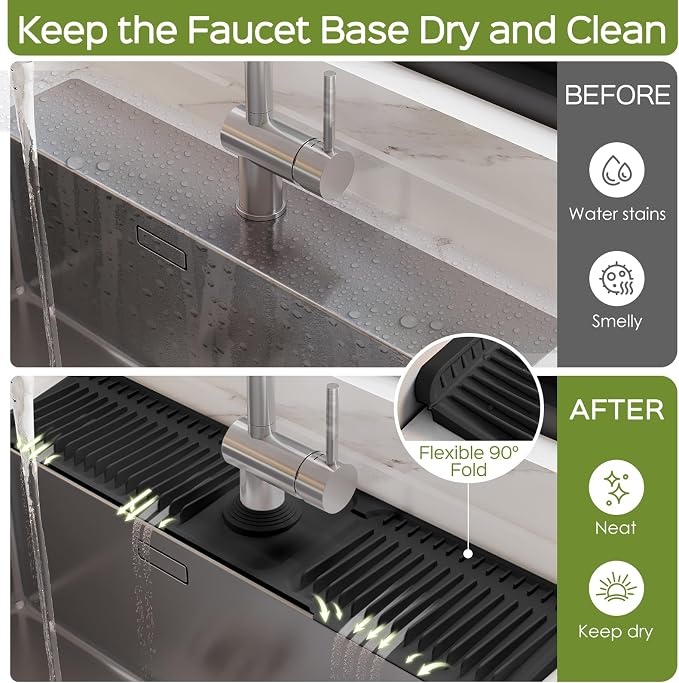 24 Inch Silicone Faucet Mat for Kitchen Sink Splash Guard – Upgraded Draining Mat with Water Tray Behind Faucet – Countertop Protectors to Catch Spills (Black, 24" x 5.5" )