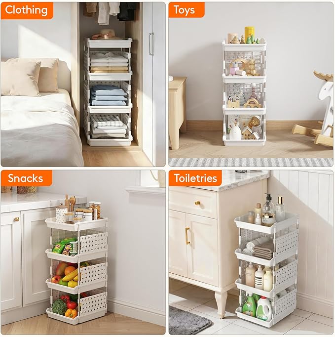 Lifewit Plastic Stackable Storage Baskets, 4 Tier Stacking Bins for Food and Clothes, Multifunctional Organizer for RV, Kitchen, Playroom, Pantry, White, 35 x 30 x 72 cm/14 x 12 x 28 inch, 2 Pack