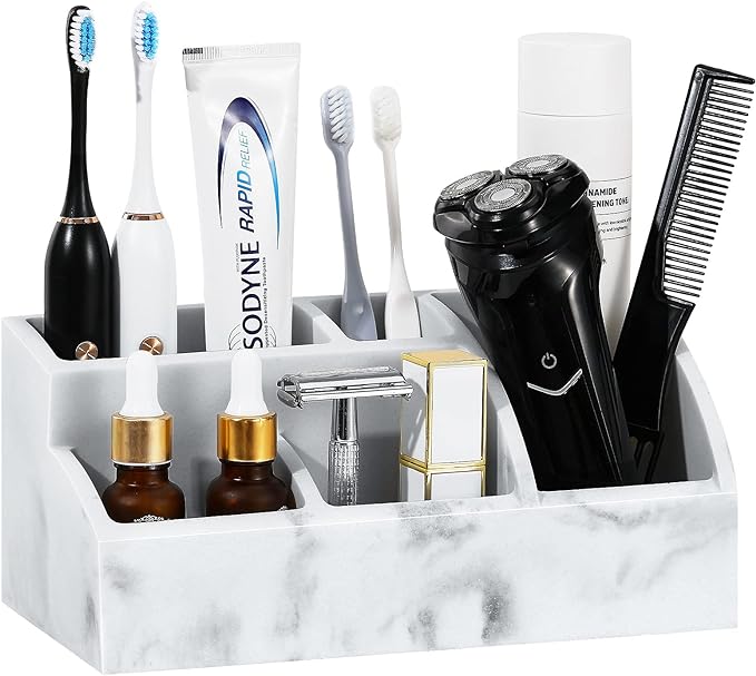 Luxspire Bathroom Counter Organizer, Toothbrush Holder for Bathroom 5 Slot, Large Countertop Organizer Storage Marble Bathroom Accessories for Toothbrush Toothpaste, Gravel White
