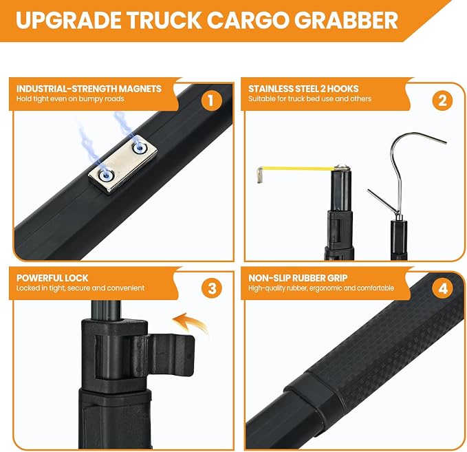 Magnetically Mounted 6.9 Ft Truck Cargo Grabber Reach Retriever Tool Upgraded Extendable Pickup Truck Bed Accessories, Multi-Use Telescoping Truck Bed Reach Tool with Two Hooks