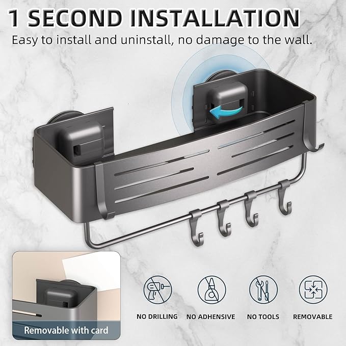 Onemake Suction Cup Shower Caddy, No Drilling Bathroom Organizer Shelf, Strong Vacuum Suction Holds Up to 22 lbs, Removable Shower Shelf for Tile Glass, Kitchen & Bathroom Storage Basket