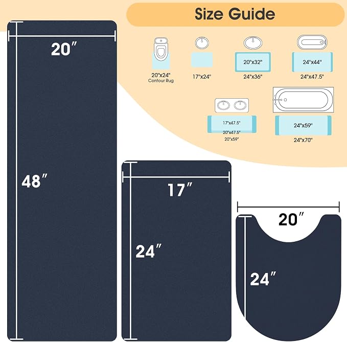 ACCUMTEK Non Slip Bath Mat, Thin Bathroom Rugs Fit Under Door, Quick Dry Bath Mats, Machine Washable Bath Rugs for Bathroom, Bathtub & Kitchen, Bathtub, Dark Blue/Solid/3 Piece