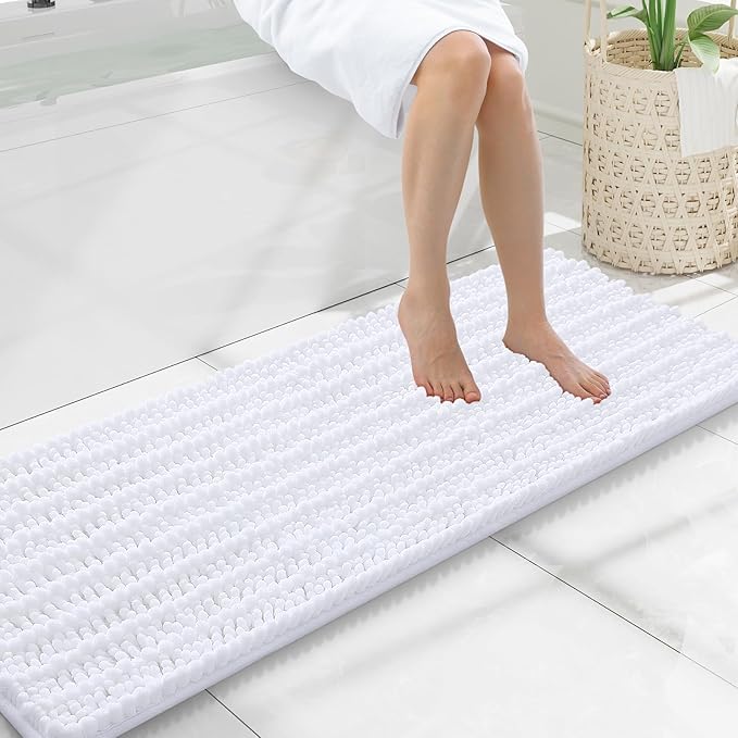 Smiry Bathroom Rugs Mat 47x17, Extra Soft Absorbent Chenille Bath Rugs, Non Slip Rubber Backing Machine Washable Quick Dry Bath Mats for Bathroom Floor, Tub, Shower, Home Decor Accessories, White