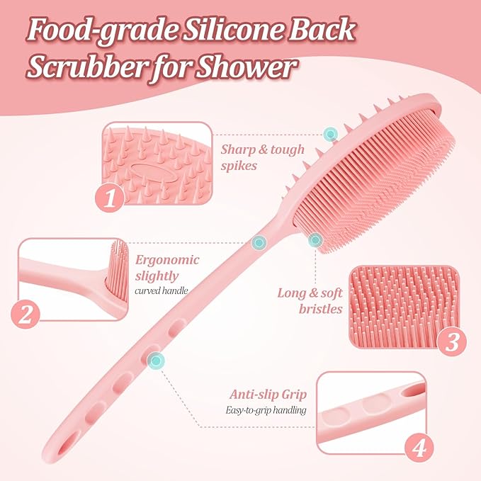 Silicone Back & Face Scrubber & Bath Glove Set 3PCS, 13.4'' Gentle Back Scrubber with Dual-Side Head, 360° Anti-Slip Bath Glove, Unique Side-bristled Face Scrubber for All-Round Cleaning(Pink)