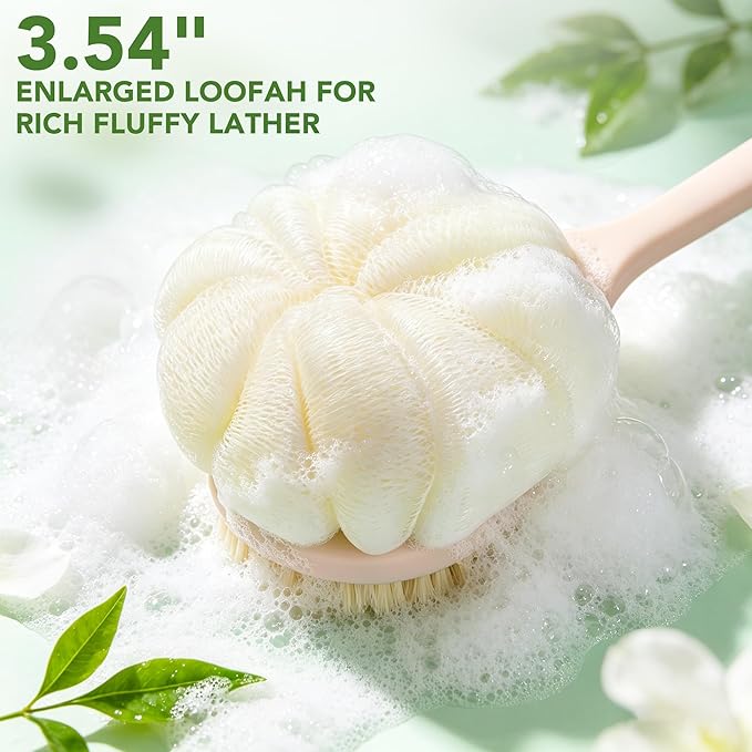 Back Scrubber for Shower, 15.7" Loofah with Handle, Back Shower Brush with Bristles and Loofah, Dry Brushing Body Brush for Cleanse Back and Hard to Reach Areas with Curved Long Handle, Pink