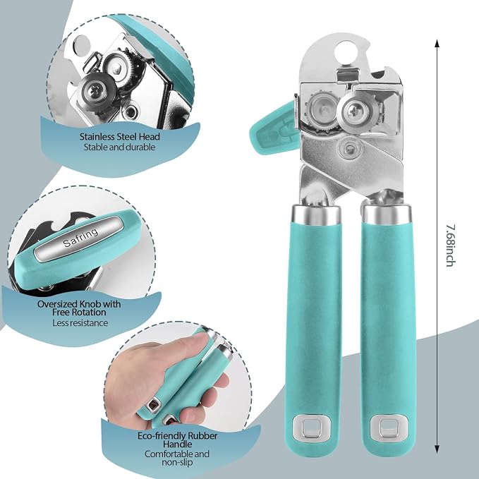 Safring Can Opener Manual, Heavy Duty Handheld Strong Can Opener with Soft Touch Handle, Sharp Blade Smooth Edge, Can Openers with Multifunctional Bottle Opener, Aqua Sky