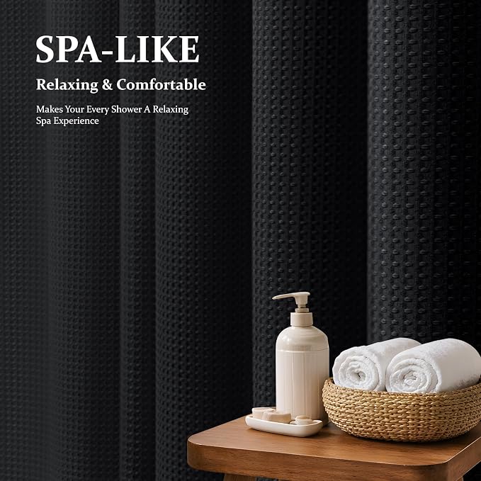 Dynamene Black Fabric Shower Curtain, Waffle Weave Heavy Duty Thick Fabric Shower Curtains for Bathroom, 256GSM Weighted Hotel Luxury Cloth Shower Curtain Set with 12 Plastic Hooks, 72Wx72H, Black