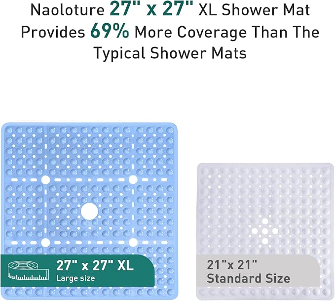 Large Square Shower Mat 27 x 27 Inch Light Blue, Non Slip Shower Bathtub Mats for Inside Shower with Big Suction Cups Drain Holes, Anti Slip Bathroom Floor Stall Mats, Easy Clean, BPA-Free