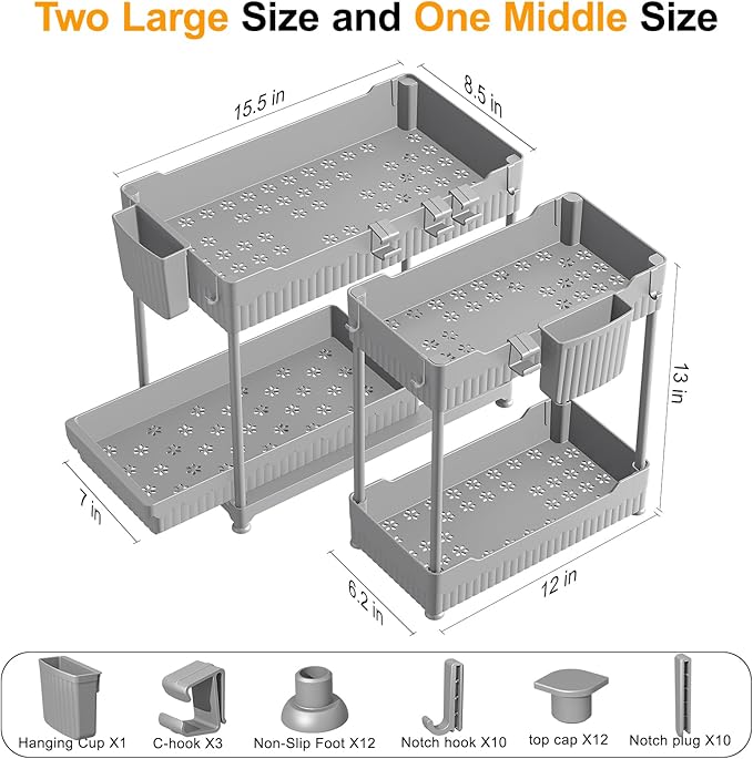 Sevenblue 3 Pack Under Sink Organizers,2-Tier Multi-Use Kitchen and Bathroom Organizers and Storage with Sliding Drawers,Bathroom Cabinet Organizer (Gray, 12.8 Inch)