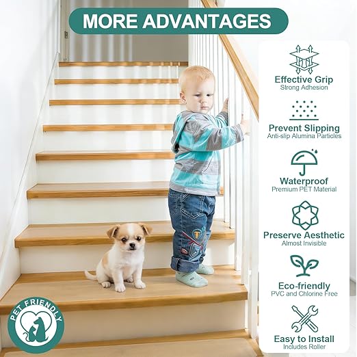 KOOTETA Clear Non Slip Stair Treads for Wooden Steps Indoor, 15 Pack 6" x 24" Pre-Cut Anti Slip Stair Strips for Wood Stairs, Grip Tape Transparent Step Tread Grips for Dogs Kids and Pets, Waterproof
