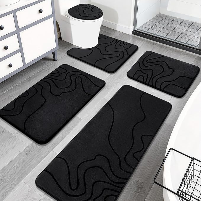 YIHOUSE Memory Foam Bathroom Rugs Sets 5 Piece - Extra Thick Ultra Soft Absorbent Bath Mat Set, Non-Slip Machine Washable Bath Rugs for Bathroom, Tub & Shower, Home Decor Accessories, Black