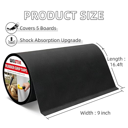 WELSTIK 9" x 16.4FT Rubber Skateboard Grip Tape - Extra Wide Anti-Slip Traction Sheet, Non-Abrasive Shoe Friendly Grip Tape for Skateboard Decks, Scooters, Tool Handles, and Stairs - Black