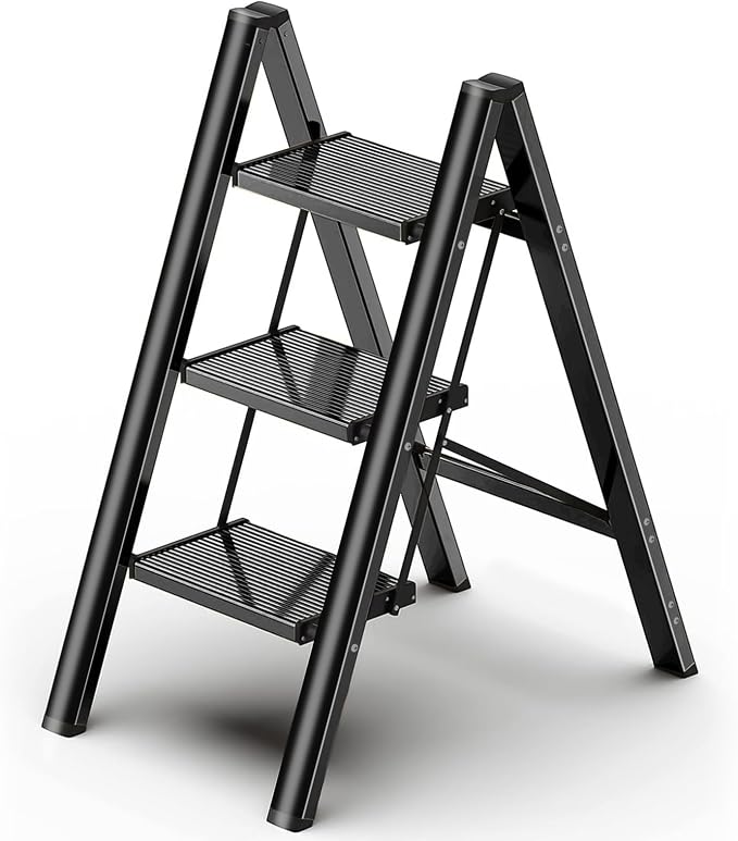 Foldable Step Ladder 3 Stepping Stool-Aluminium Kitchen Step Stools, Folding 330lbs Lightweight Ladders with Anti-Slip Wide Pedal, Portable Kids/Adults Ladder for Library, Closet, Black