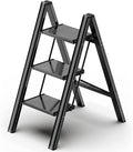Foldable Step Ladder 3 Stepping Stool-Aluminium Kitchen Step Stools, Folding 330lbs Lightweight Ladders with Anti-Slip Wide Pedal, Portable Kids/Adults Ladder for Library, Closet, Black