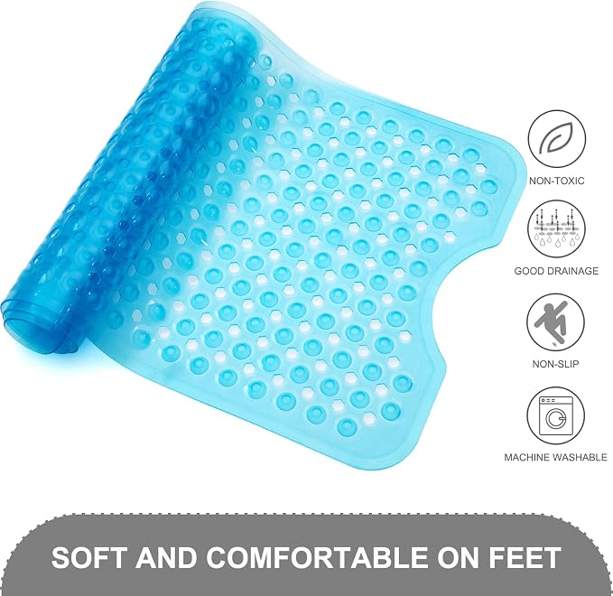 TEESHLY Bath Tub and Shower Mats, Non Slip 40 x 16 Inch Extra Large Bathtub Mat, Machine Washable Bathmat with Drain Holes, Suction Cups for Bathroom Floor, Clear Blue