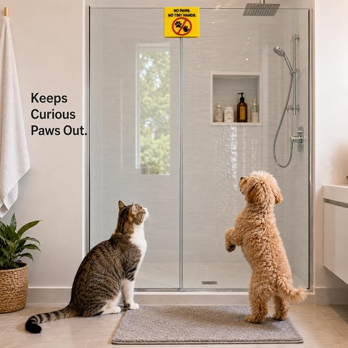 Frameless Glass Shower Door Lock Sleeve - Baby Proofing & Pet Stopper for Bathroom Sliding Doors - No-Drill Security Bumper,Funny Sign – (Yellow, 3/8 inch)