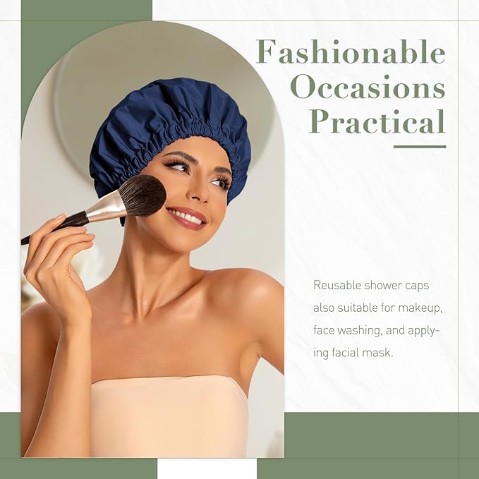 Reusable Shower Cap for Women, Large Waterproof Shower Bonnet with Elastic Band, Washable Bath Hair Cap for Long, Curly Hair, Braids, Daily Shower, Home Spa, Travel(Black&Navy)