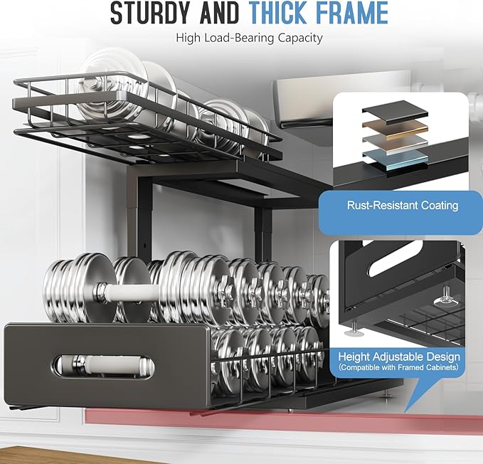Under Sink Organizer Upgrade To Professional Rails,2-Tier Dual Pull Out Cabinet Storage,Height Adjustable Slide Out Drawers For Bathroom Kitchen,2 Pack-18.5"Dx12.8"-16.9"H,Black