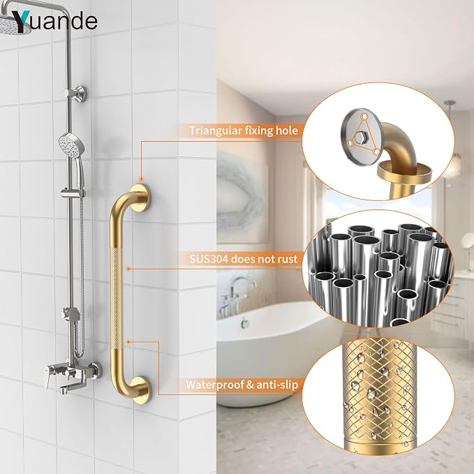 4 Pack 16 Inch Shower Grab Bar, YuanDe Gold Bathroom Grab Bar Handle w/Anti-Slip Knurled Grip, Stainless Steel Bath Balance Bar, 1" Diameter Safety Hand Rail Support,Handicap Injury Elderly Senior