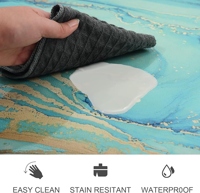 MAYHMYO Kitchen Rugs and Mats Set of 2 Teal Marble Gold Anti Fatigue Mat PVC Non Slip Turquoise Foam Cushioned Kitchen Mats for Floor Dining Room Home Office Sink Laundry