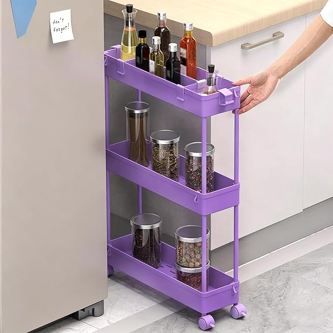 SPACELEAD Slim Storage Cart 3 Tier,Bathroom Organizer Rolling Utility,Mobile Shelving Unit Slide Out for Office, Kitchen, Laundry Room & Narrow Places,Purple