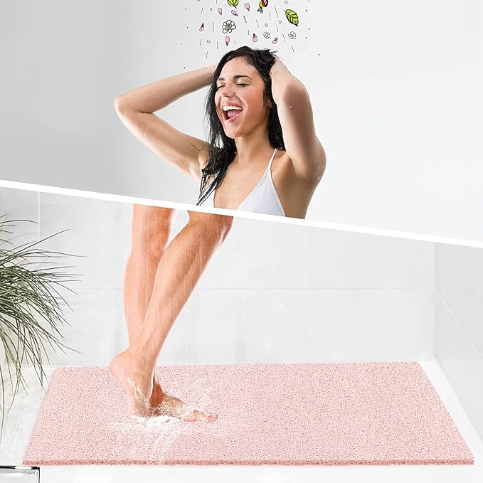 godehone Shower Mats Non Slip Without Suction Cups, PVC Loofah Bathroom Mats, Loofah Mats for Shower and Bathroom, Quick Drying, 15.7× 36 Inch, Pink
