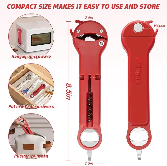 Jar Opener for Seniors with Arthritis, 7 in 1 Bottle Opener and Wine Corkscrew, Easy Grip Kitchen Gadget for Weak Hands Elderly, Retractable Jaw Lid Opener with Magnetic Storage (Red)