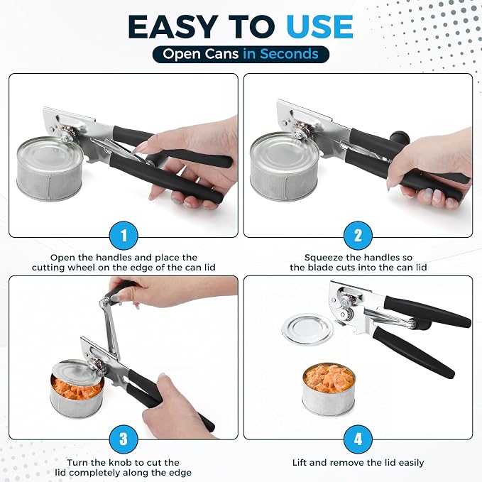 Heavy-Duty Commercial Manual Crank Can Openers,Rubber-Coated Long Handles | Easy to use, Ergonomic,Works Great on #10 Cans,for Restaurants,Home Kitchens,Seniors & Arthritis