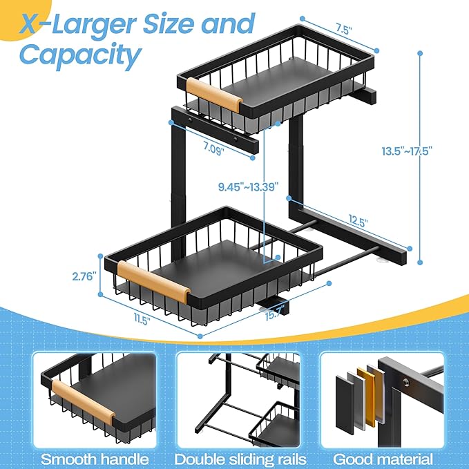 ADBIU Under Sink Organizer(10 Seconds Installation), 2 Packs 2 Tier Expandable Height (11"" - 16"") Under-Sink Organizers Slide out Pull out Organizer Shelf, Black