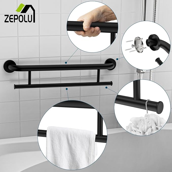 Black Towel Grab Bar 24 Inch - 1.25” Diameter, Zepolu Stainless Steel Safety Bar w/Towel Holder for Bathroom, Shower Assist Balanced Support Handle, Wall Mounted Towel Rack for Senior Elderly Handicap