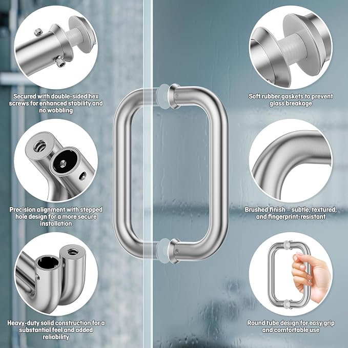 Ranbo Brushed Nickel 6" （CTC） Tubular Back-to-Back Shower Door Handle，Heavy-Duty 1.0mm Thick 304 Stainless Steel, for 1/4"- 1/2" Thick Glass and 1-3/8" - 2-1/6" Thick Wooden or Metal Doors