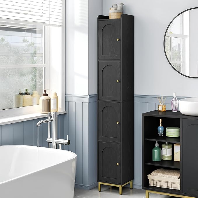 Hzuaneri 4-Tier Narrow Tall Storage Cabinet, Slim Bathroom Storage Cabinet with 4 Adjustable Feet and Shelves, Bathroom Organization for Small Space, Kitchen, Living Room, Laundry Room Black BC43304G