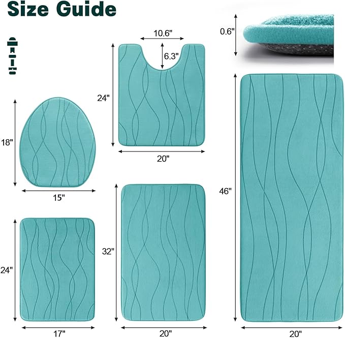YIHOUSE Memory Foam Bathroom Rugs Sets, Teal, 5 Piece | Ultra Soft, Absorbent, Non-Slip, Machine Washable