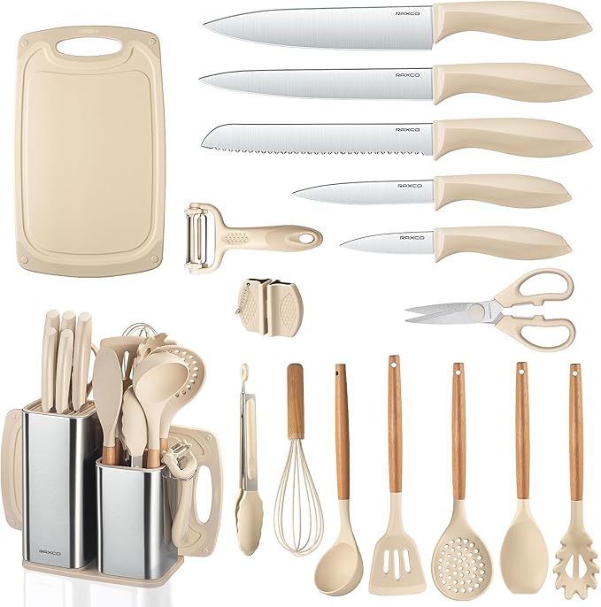 RAXCO Cooking Utensils Set,18-Piece Kitchen Utensils and Knife Set,Khiki | Food-grade Silicone Utensils Heat-resistant to 410°F,5-Piece Stainless Steel Kitchen Knife with Sharpener and Cutting Board
