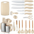 RAXCO Cooking Utensils Set,18-Piece Kitchen Utensils and Knife Set,Khiki | Food-grade Silicone Utensils Heat-resistant to 410°F,5-Piece Stainless Steel Kitchen Knife with Sharpener and Cutting Board