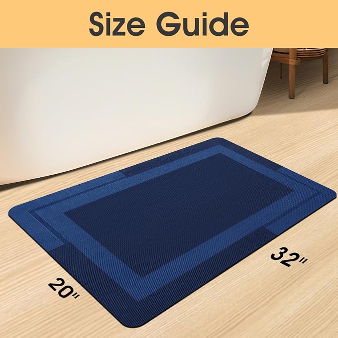 ACCUMTEK Non Slip Bath Mat, Thin Bathroom Rugs Fit Under Door, Quick Dry Bath Mats, Machine Washable Bath Rugs for Bathroom, Bathtub & Kitchen, Bathtub, Dark Blue/Bordered/32 x20