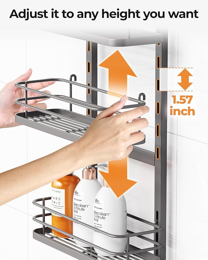ODesign 3 Tier Height-Adjustable Shower Caddy Hanging Anti-Swing-Over The Shower Head Caddy-Showe r Storage Organizer Bathroom Shelves Basket Caddies-Grey