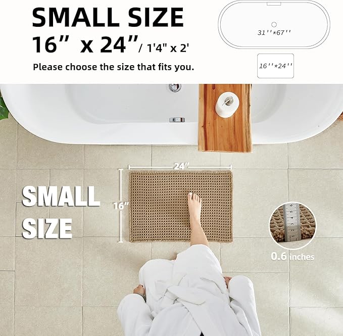 TYUU Waffle Bath Mat, Boho Bathroom Rugs Non Slip Washable Super Absorbent Quick Dry Farmhouse Bathroom Decor, 24"x16" / 1'4" x 2' Khaki
