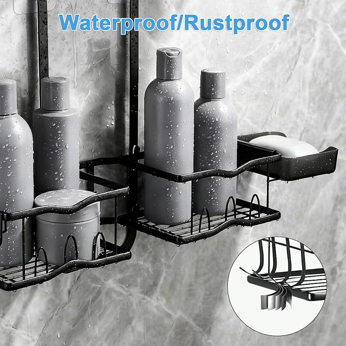 Shower Caddy Hanging Organizer, Rustproof Shower Organizer Hanging for Handheld Showerhead with Hooks for Razor/Sponge, Bathroom Caddy Rack Shower Shelves for Shampoo Soap Towels, Black