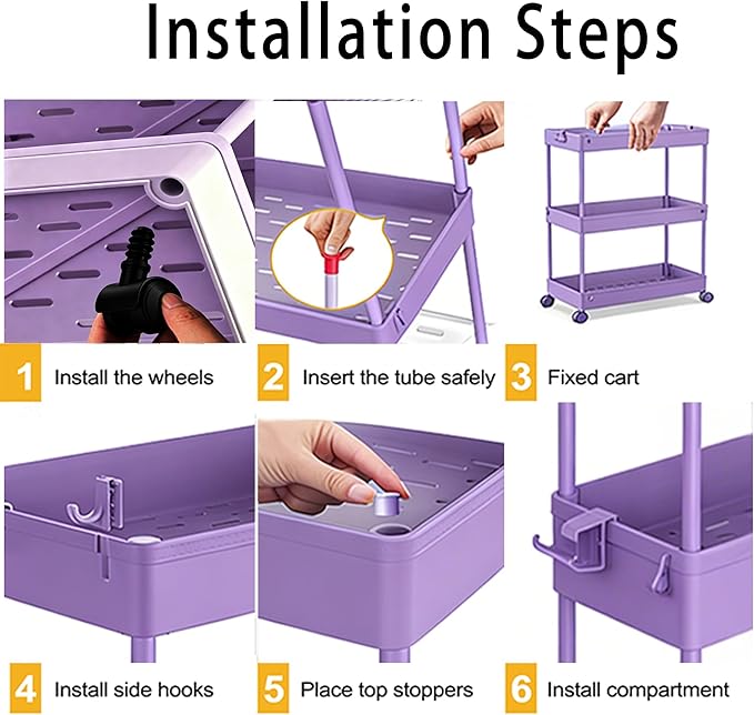 SPACELEAD Slim Storage Cart 3 Tier,Bathroom Organizer Rolling Utility,Mobile Shelving Unit Slide Out for Office, Kitchen, Laundry Room & Narrow Places,Purple
