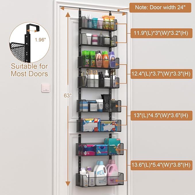 VyGrow Over The Door Organizer, 8-tier Metal Door Organizer Hanging with Adjustable Baskets, Behind The Door Storage for Bedroom Closet Bathroom Pantry Cabinet Kitchen, Black