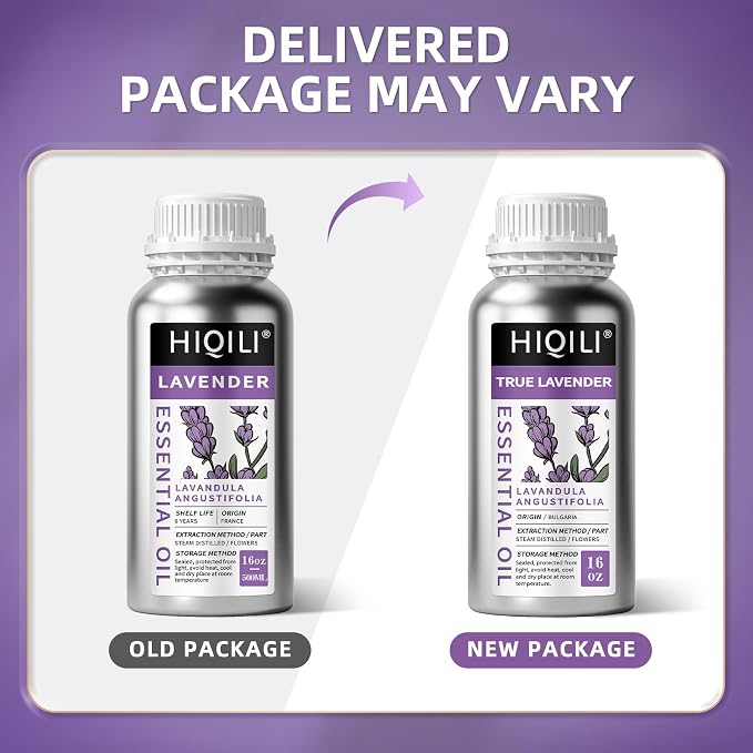 HIQILI 16 fl oz Lavender Essential Oil Large Capacity, 100% Natural for Aromatherapy, DIY Candle & Soap Making, Skin Moisturizing. Suitable for Hotels, DIY Studios, Spas and Hair Salons