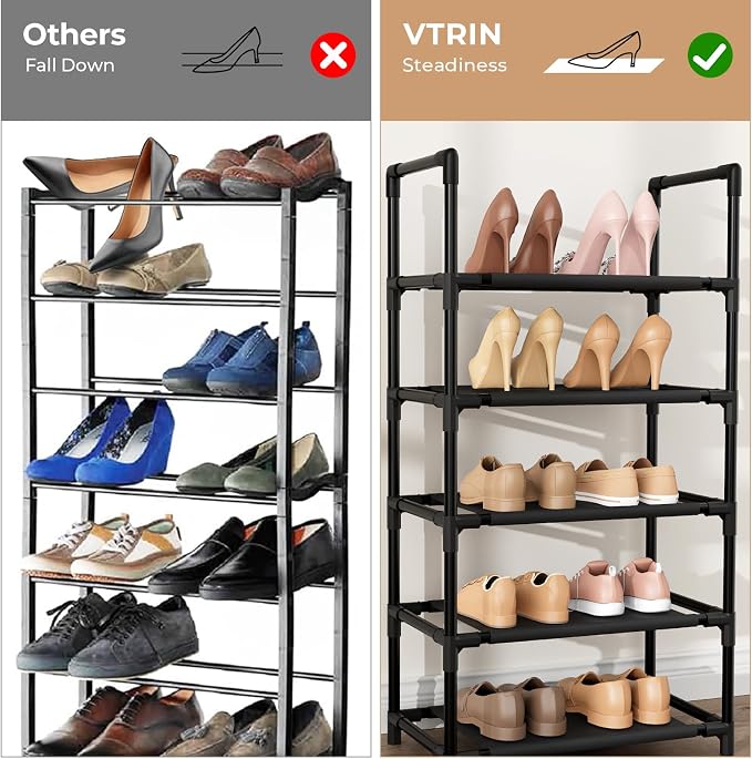 VTRIN 10 Tiers Tall Shoe Rack Holds 20-25 Pairs of Shoes Sturdy Vertical Shoe Organizer with 18pcs Hooks Stackable Narrow Shoe Rack for Closet, Entryway Black