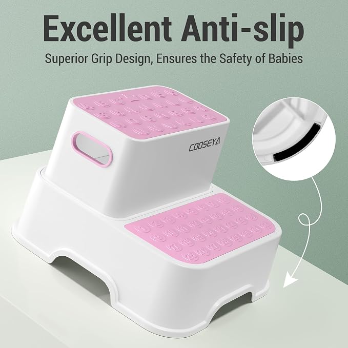 COOSEYA 2 Step Stools for Kids,Toddler Step Stool for Bathroom Sink,No-Slip Double up Stepping for Toddlers Bathroom, Multifunctional Toilet Potty Stool for Kids,Toilet Potty Training(2 Packs)（Pink）